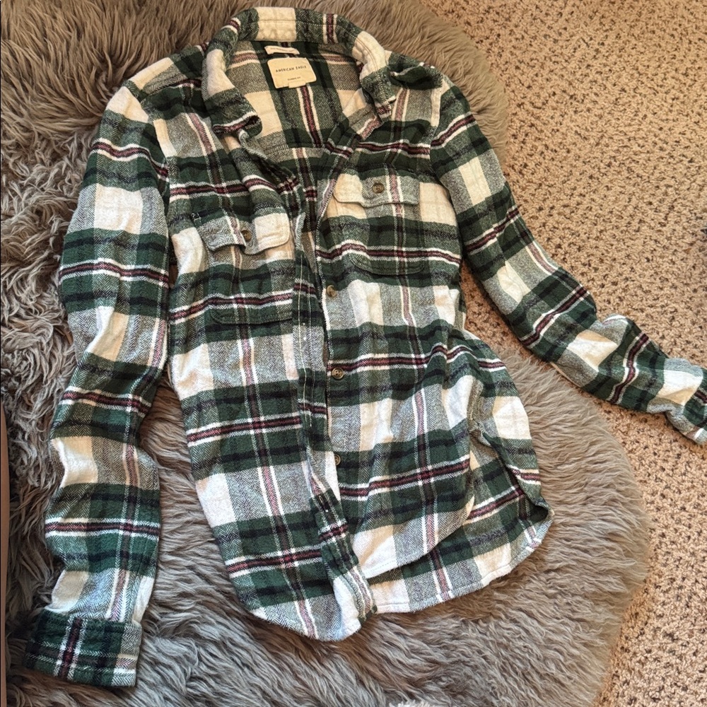 American Eagle Outfitters Green and White Checkered Shirt